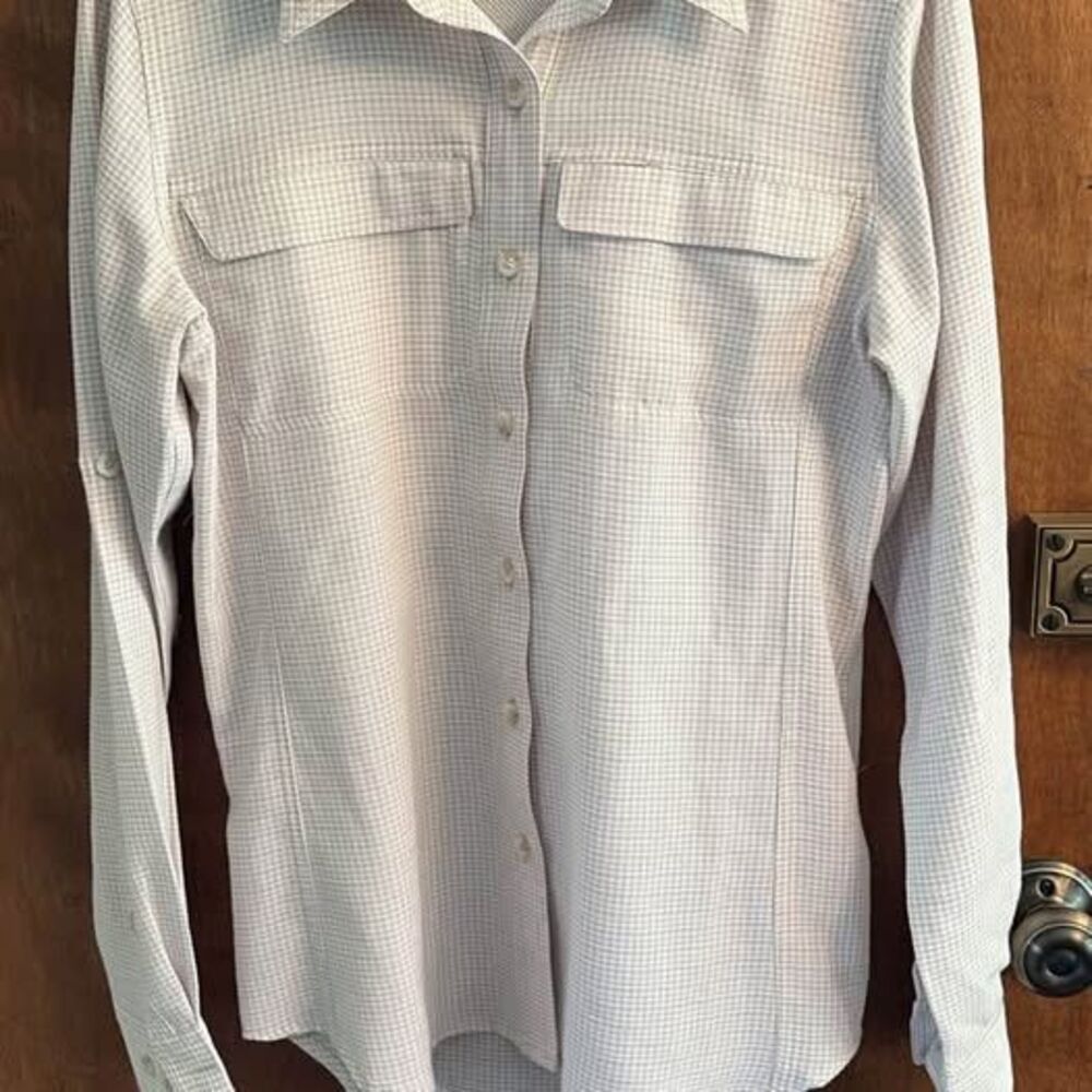 Ex Officio Tan & White Checked Women’s Button Down Size Small (4-6)